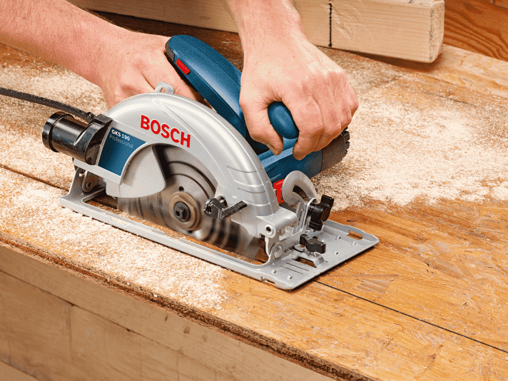 Scie circulaire Bosch Professional GKS 85 Test | Avis 3 Scie circulaire bosch bleu qui coupe une planche