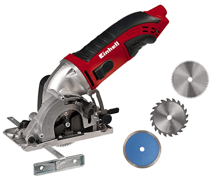 Les meilleures mini scies circulaires 4 mini scie circulaire einhell tc ts 860 avec guide parallèle de couleur rouge et noir avec trois lame de scie circulaire à coté sur un fond blanc