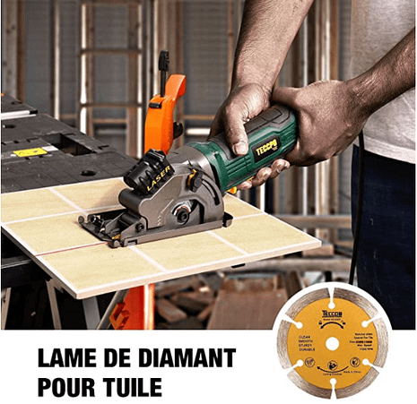 Mini scie circulaire Teccpo 3700 RPM Test | Avis 4 photo de d'une mini scie circulaire en action avec la lame de scie circulaire pour le carrelage et les matériaux lourds