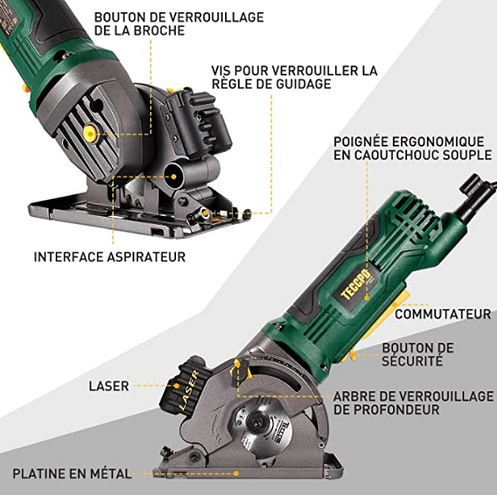 Mini scie circulaire Teccpo 3700 RPM Test | Avis 5 Schéma de la mini scie circulaire Teccpo 3700 RPM avec le nom des différentes pièces