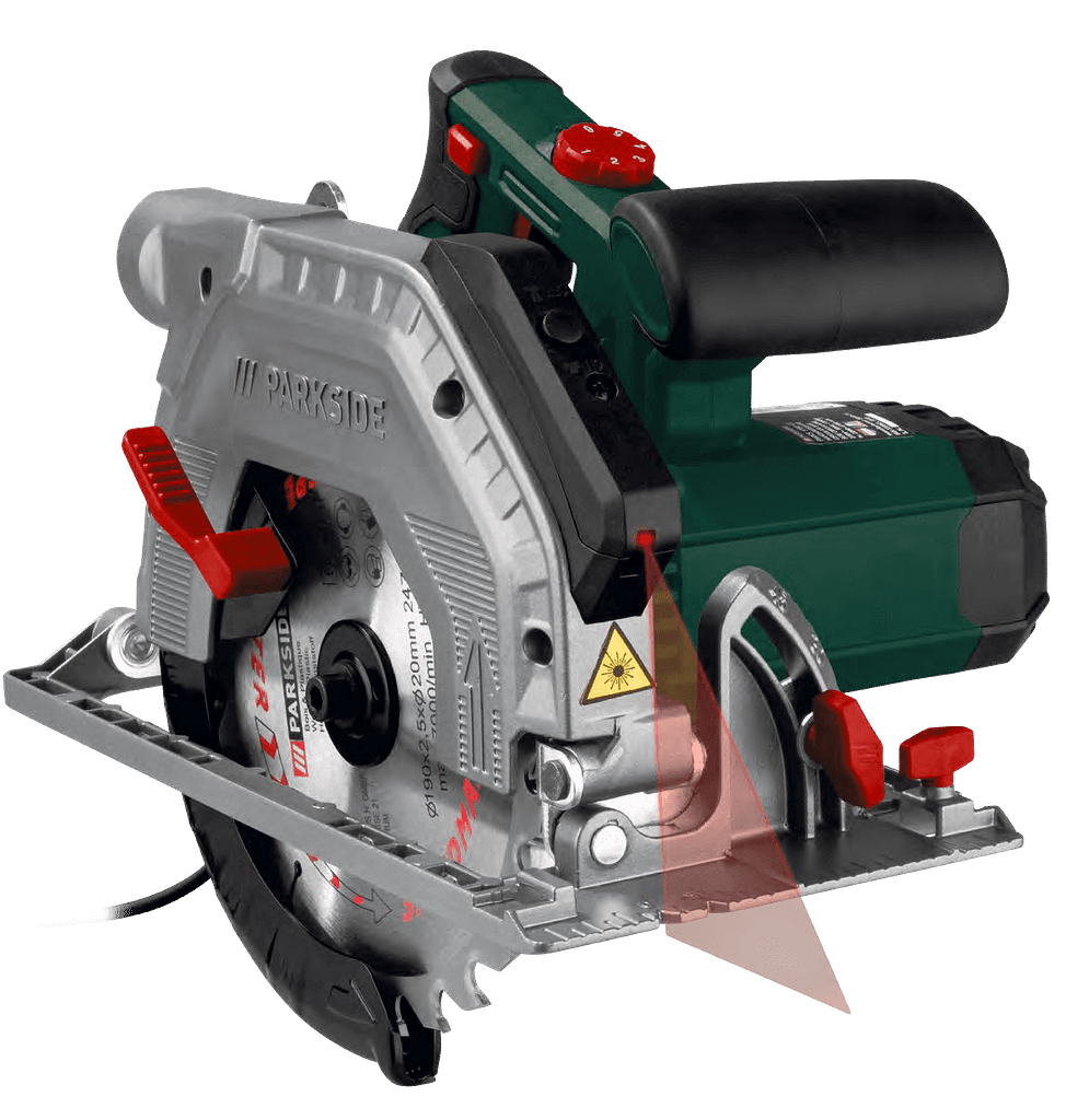 Les meilleures scies circulaires filaires 6 scie circulaire parkside 1350 C2 avec lasez rouge sur fond blanc et de couleur verte